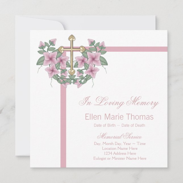 Pink Rose Cross In Loving Memory Memorial Invitation (Front)