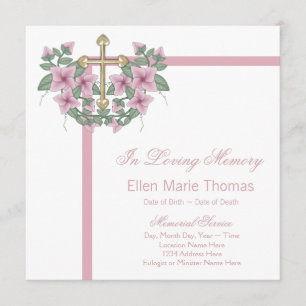 Pink Rose Cross In Loving Memory Memorial Invitation