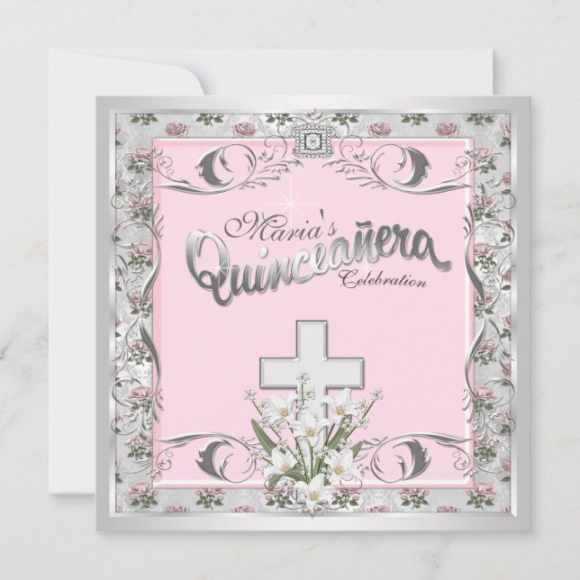 Pink Rose Cross Quinceanera Invitation (Front)