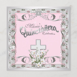 Pink Rose Cross Quinceanera Invitation