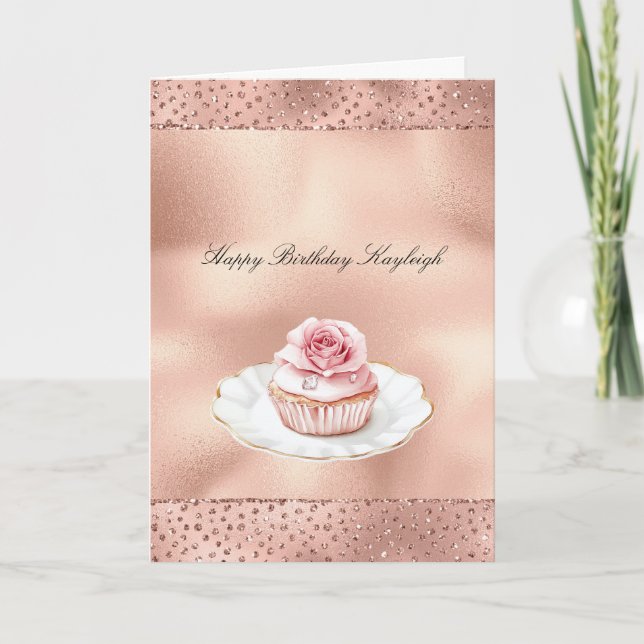 Pink Rose Cupcake Gold Glam Glitter Birthday   Card (Front)