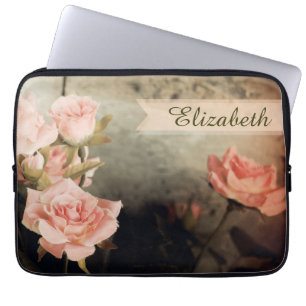 Pink Rose Custom Name Laptop Sleeve
