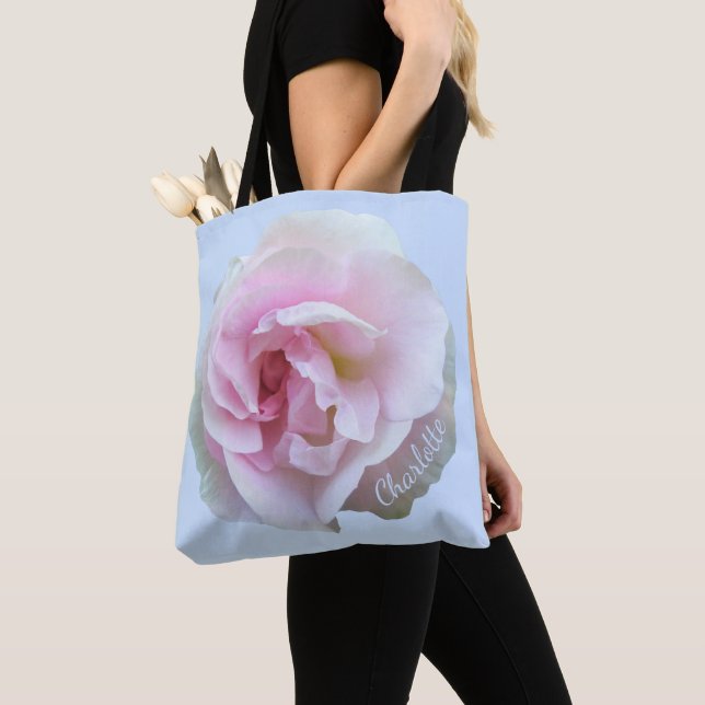 Pink Rose Custom Name Light Blue Tote Bag (Close Up)