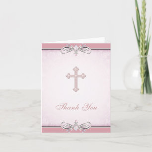 Pink Rose Damask Cross Christian Thank You Card