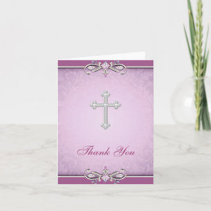 Pink Rose Damask Cross Christian Thank You Card