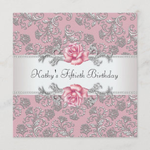 Pink Rose Damask Womans Birthday Party Invitation