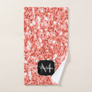 Pink rose dark coral glitter sparkles Monogram Bath Towel Set