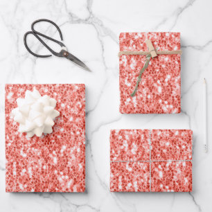Pink rose dark coral shiny glitter sparkles bling wrapping paper sheet