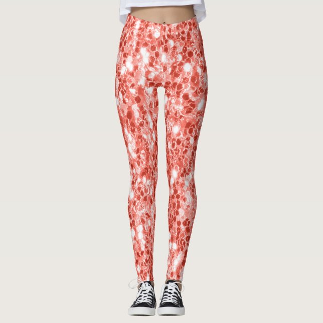 Pink rose dark coral shiny glitter sparkles leggings (Front)