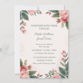 Pink Rose Dark Green Botanical Wedding Invitation