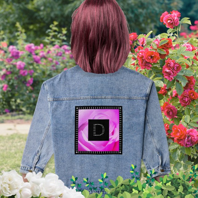 Pink Rose Diamante Effect Trendy Cool Monogram Denim Jacket (A denim jacket with pink rose image with faux diamante monogram on a black square)
