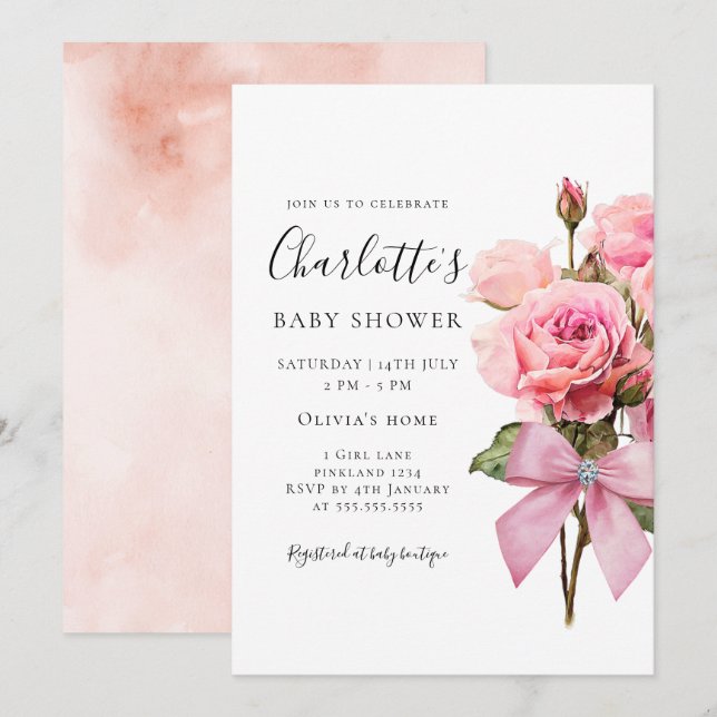Pink Rose Diamond Bow Girl Baby Shower Invitation (Front/Back)