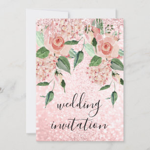 Pink Rose Drips Glitter Floral Mint Green Wedding Invitation