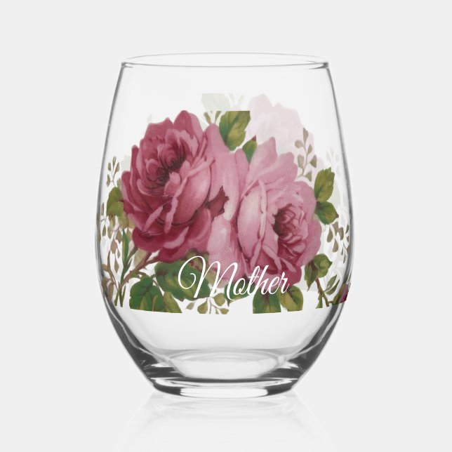 Pink Rose Elegance Drinkware Set Stemless Wine Glass (Front)