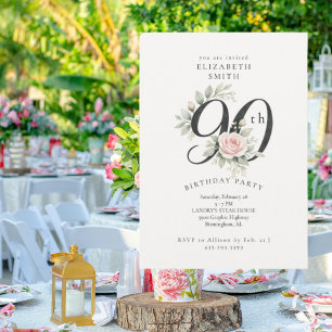 Pink Rose Elegant 90th Birthday Party Invitation