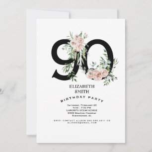 Pink Rose Elegant 90th White Birthday Party  Invitation