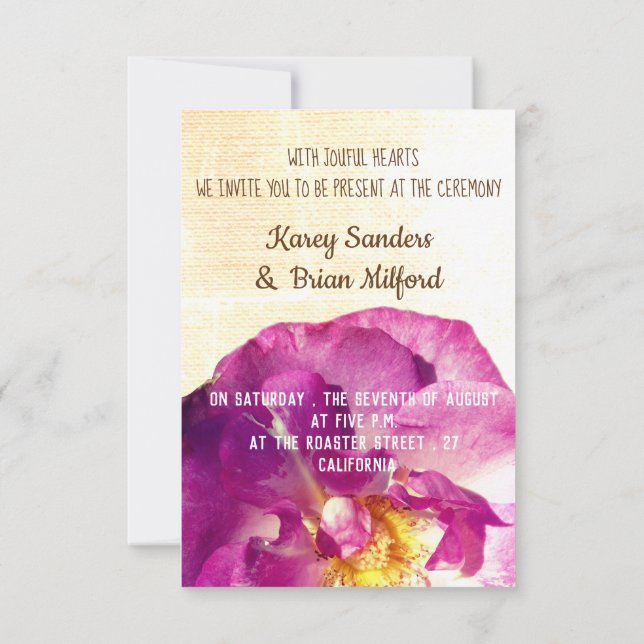 Pink Rose Elegant Canvas Wedding Invitation (Back)