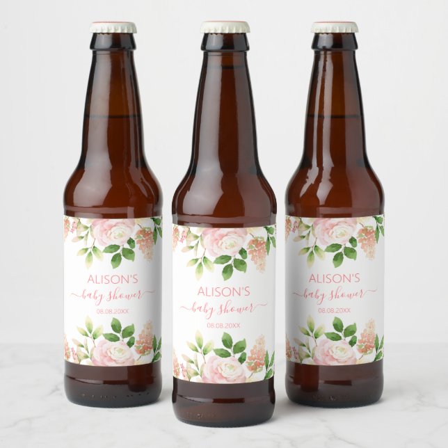 Pink Rose Elegant Floral Girl Baby Shower Beer Bottle Label (Bottles)