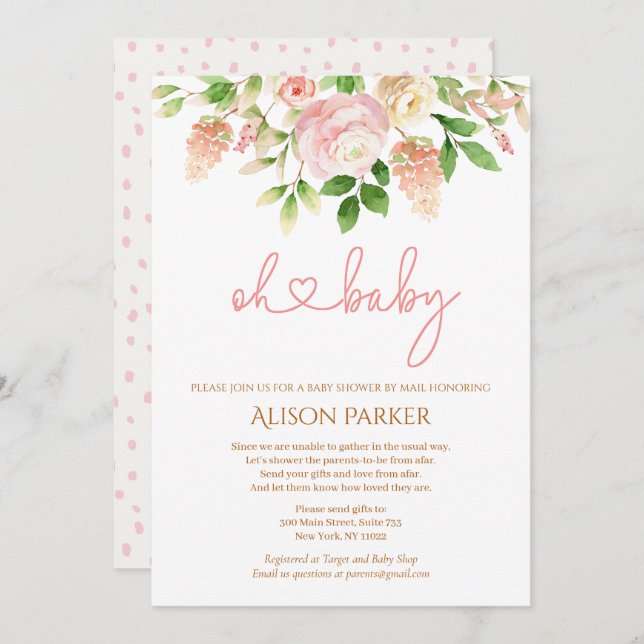 Pink Rose Elegant Floral Girl Baby Shower by Mail Invitation (Front/Back)