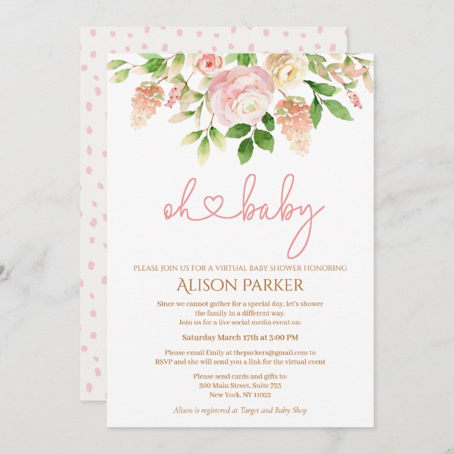 Pink Rose Elegant Floral Girl Virtual Baby Shower Invitation (Front/Back)