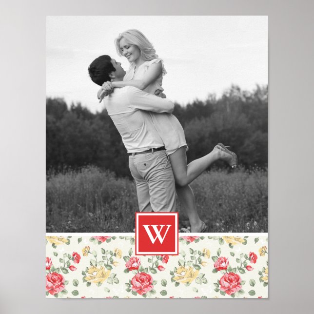 Pink Rose Elegant Wallpaper | Photo with Monogram Poster (Front)