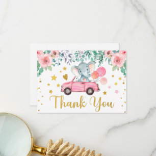 Pink Rose Elephant Drive Through Baby Shower Car Thank You Card