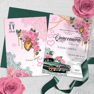 Pink Rose Emerald Green Chola Lowrider Quinceanera Invitation