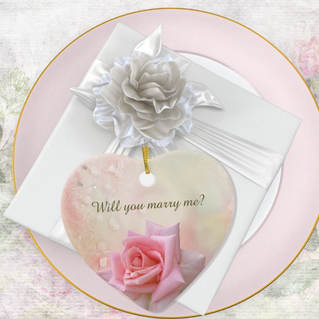  Pink Rose Engagement Heart  Ceramic Ornament (Creator Uploaded)