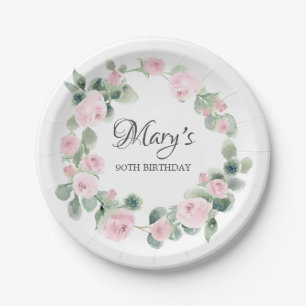 Pink Rose Eucalyptus 90TH Birthday Paper Plate