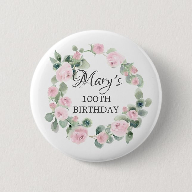 Pink Rose Eucalyptus Botanical 100TH Birthday 6 Cm Round Badge (Front)
