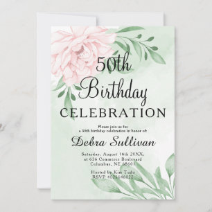 Pink Rose Eucalyptus Foliage 50th Birthday Invitation
