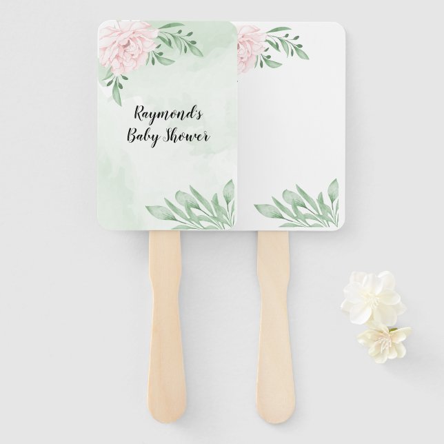 Pink Rose Eucalyptus Foliage Baby Shower Hand Fan (Front and Back)