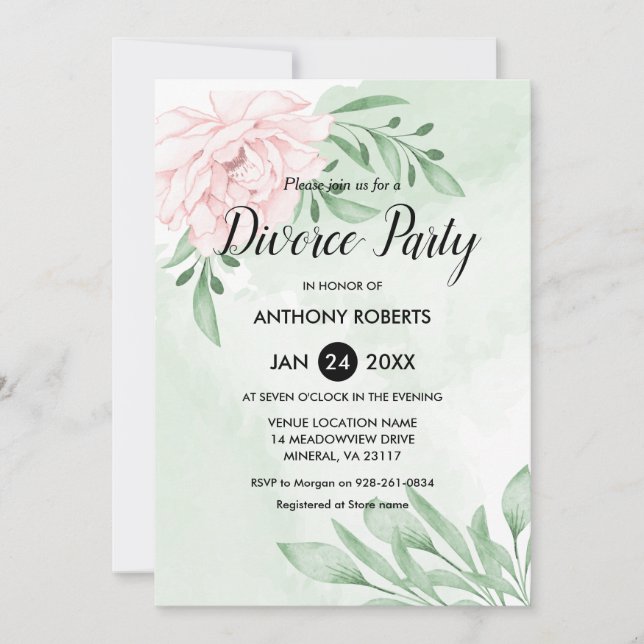 Pink Rose Eucalyptus Foliage Divorce Party Invitation (Front)