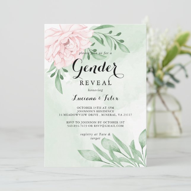 Pink Rose Eucalyptus Foliage Gender Reveal Invitation (Standing Front)