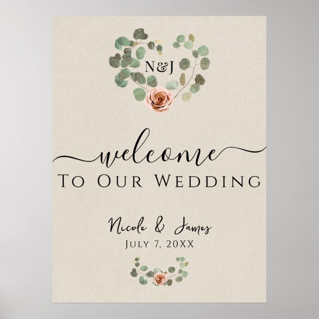 Pink Rose & Eucalyptus Heart Rustic Wedding  Poster (Front)