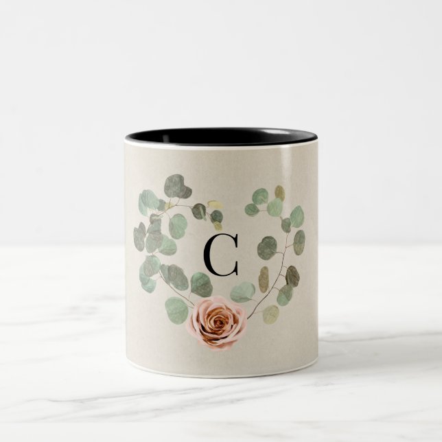 Pink Rose & Eucalyptus Heart Rustic Wedding Two-Tone Coffee Mug (Center)