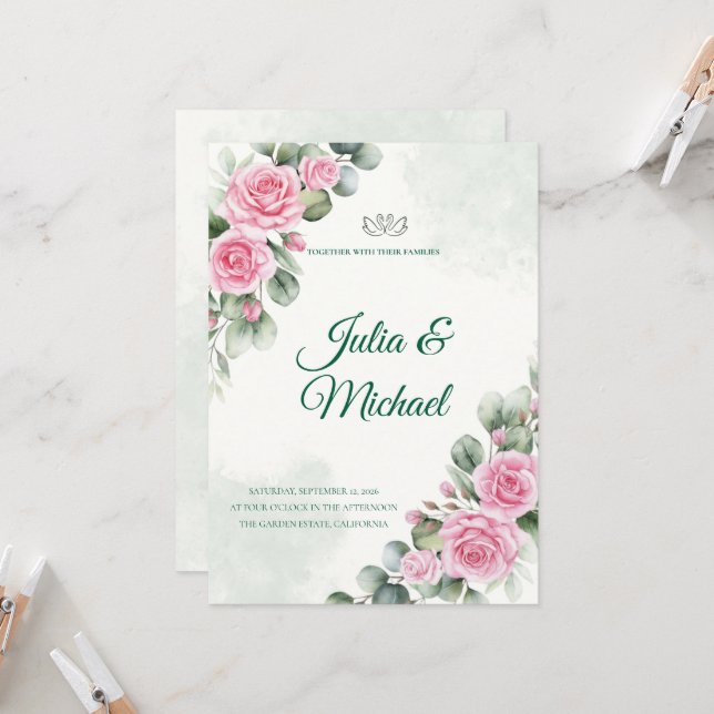 Pink Rose & Eucalyptus Sage Wedding Invitation (Front/Back In Situ)