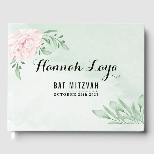 Pink Rose Eucalyptus Succulent Foliage Bat Mitzvah Guest Book (Front)