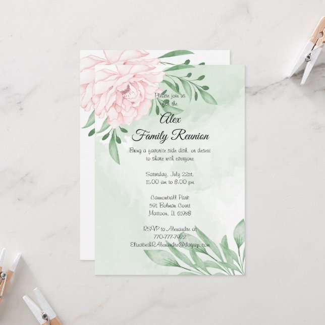 Pink Rose Eucalyptus Succulent Foliage Reunion Invitation (Front/Back In Situ)
