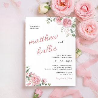 Pink Rose Eucalyptus Watercolor Wedding Invitation