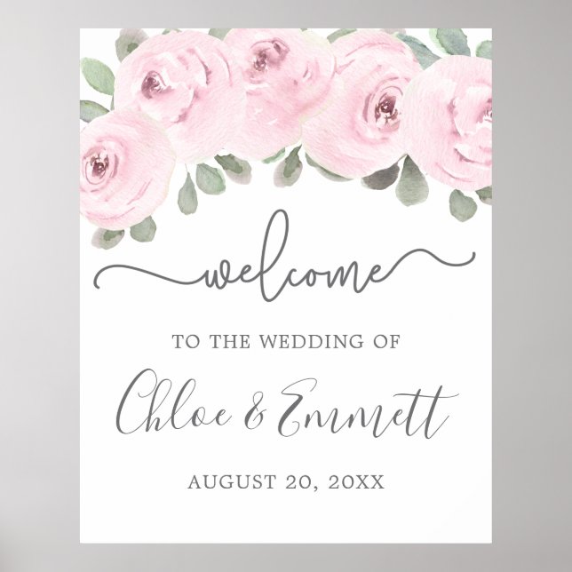 Pink Rose Eucalyptus Wedding Welcome Poster (Front)