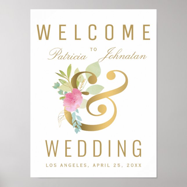 Pink rose faux gold ampersand welcome wedding sign (Front)