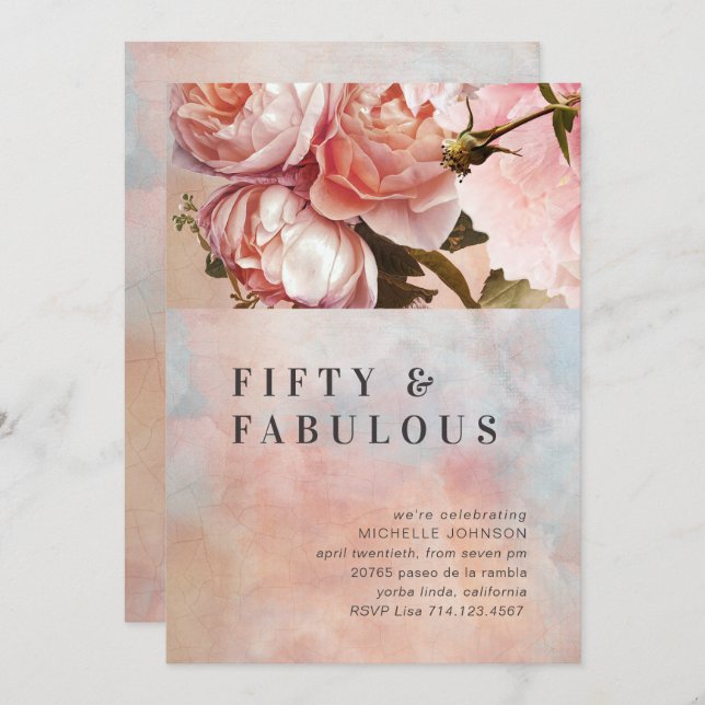 Pink Rose Fifty Fabulous Floral Minimal Botanical Invitation (Front/Back)