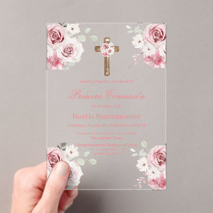 Pink rose first communion invitation in spanish