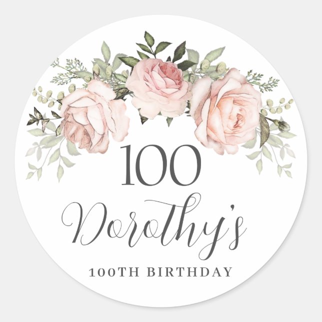 Pink Rose Floral 100th Birthday Classic Round Sticker (Front)