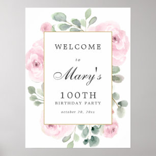 Pink Rose Floral 100th Birthday Welcome Sign