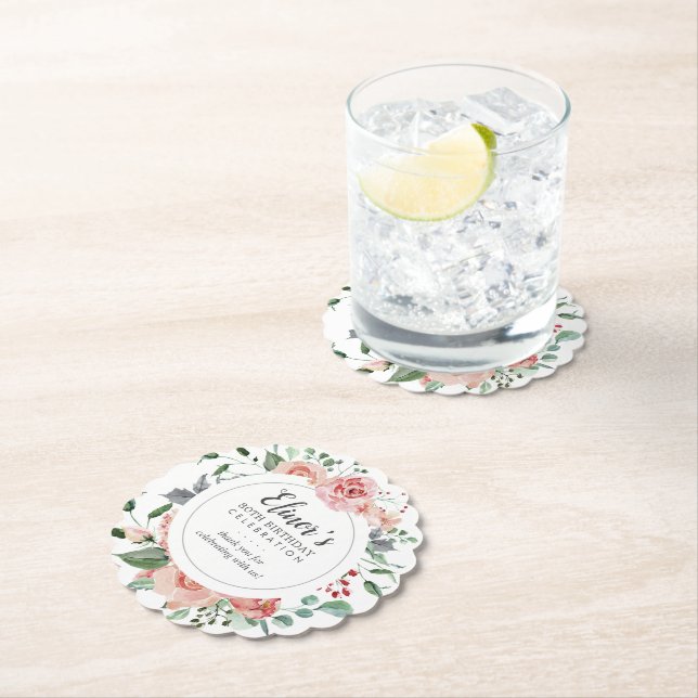 Pink Rose Floral 80th Birthday Thank You Paper Coaster (Insitu)