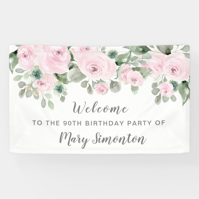 Pink Rose Floral 90th Birthday Party Welcome Banner (Horizontal)