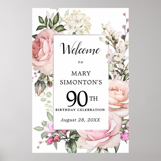 Pink Rose Floral 90th Birthday Welcome Sign (Front)