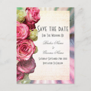 Pink rose floral and silver save the date announcement postcard